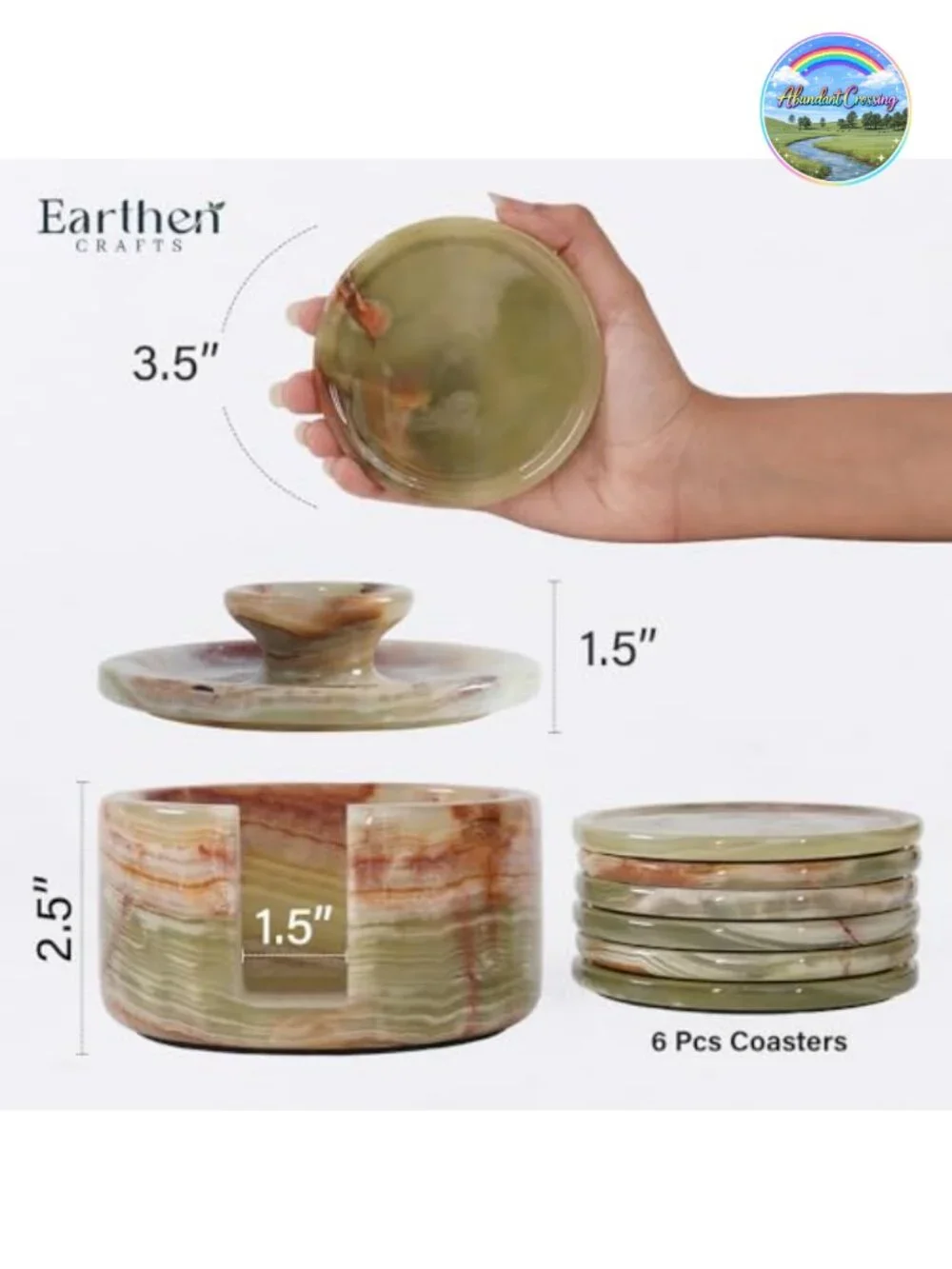 Green Onyx Marble Coasters Set of 6 with Holder & Lid, Stone Drink Coasters for